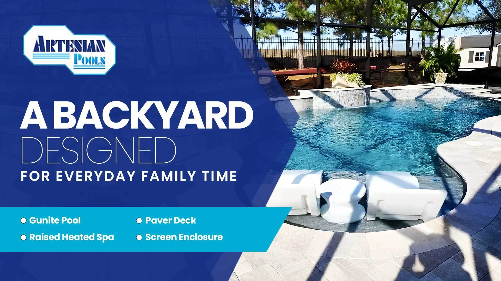 Gunite swimming pool installed in Clermont, FL featuring a raised spa, paver deck, and screened enclosure