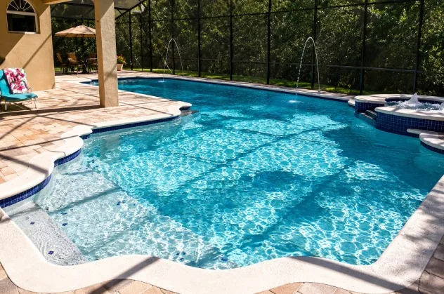 Screened freeform pool with a shallow entry shelf, attached raised spa, arcing deck jets, and paver patio in Daytona Beach