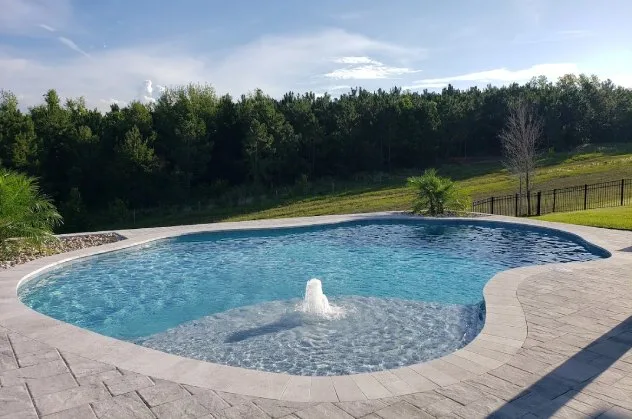 Freeform custom pool with a shallow sun shelf, bubbler fountain, curved entry area, and stamped concrete deck in Orlando