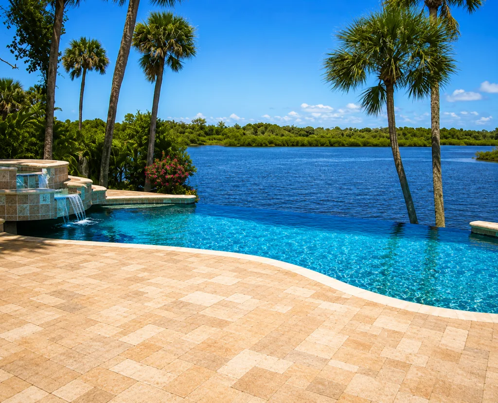 Luxury infinity-edge swimming pool with a waterfront view and travertine deck in Daytona Beach, FL